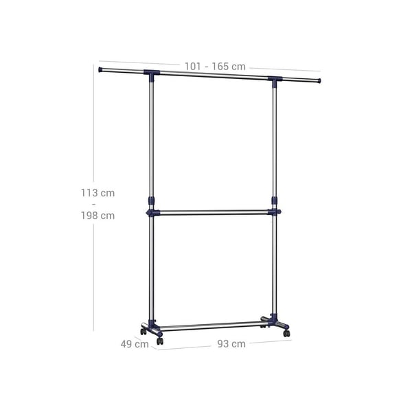 Rootz Tøjstativ - Heavy Duty Tøjstativ - 2 stænger - Industriel stil - Frakkestativ med hjul - Fritstående tøjopbevaring - Mobil tøjopbevaring - Pulve