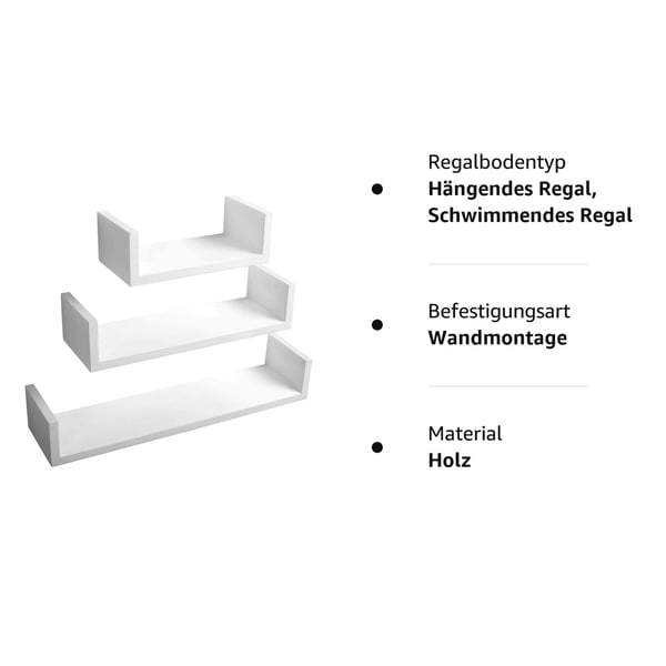 Rootz væghylde - U-formet afsats - Flydende bogreol - Displaystativ - Opbevaringsholder - Monterbart stativ - Hvid - 26,0 x 8,7 x 8,2 tommer
