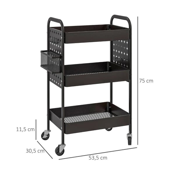 Rootz Multifunktionsvogn - Køkkenvogn - 3 hylder - 4 hjul - Sort - 53,5 cm x 30,5 cm x 75 cm
