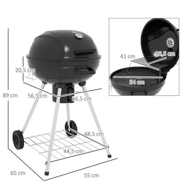 Rootz Kedel Grill - Ø54 Cm Kogerist - Varmestativ - Varmestativ - Hylde - Askrum - Termometer - Metal - Plast - Sort - 55L x 65W x 89H cm