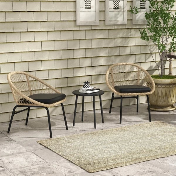Rootz Havemøbelsæt - Rattan Terrassesæt - 2 Lænestole - Sædehynder - 1 Rundt Bord Ø60 Cm - PE Rattan-Polyester - Sort-Gul - 43W x 45D cm