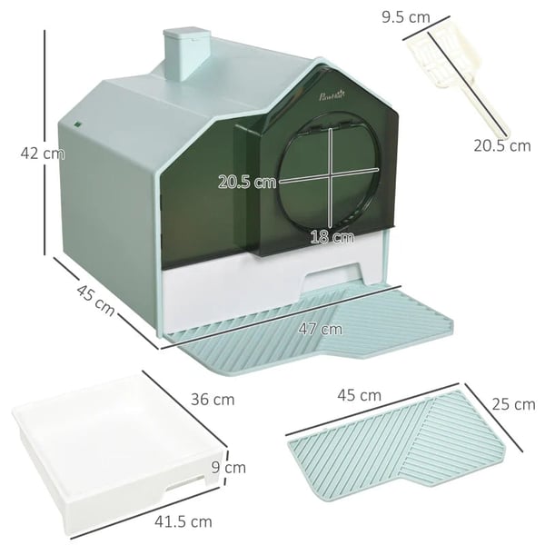Rootz Cat kattebakke - Hyttedesign - 1 si - 1 affaldsscoop - Aftagelig bundbakke - Plastik - ABS - Grøn - Hvid - 47L x 45W x 42H cm