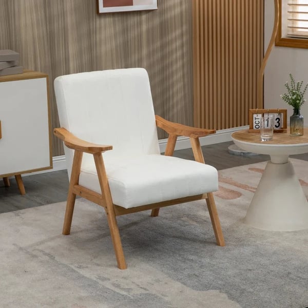 Rootz polstret lænestol - i scandi-design - fløjlslook - stel af massivt træ - gummitræ - naturlig + creme - 68 x 74 x 82 cm