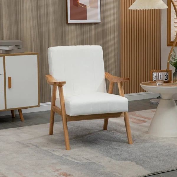 Rootz polstret lænestol - i scandi-design - fløjlslook - stel af massivt træ - gummitræ - naturlig + creme - 68 x 74 x 82 cm