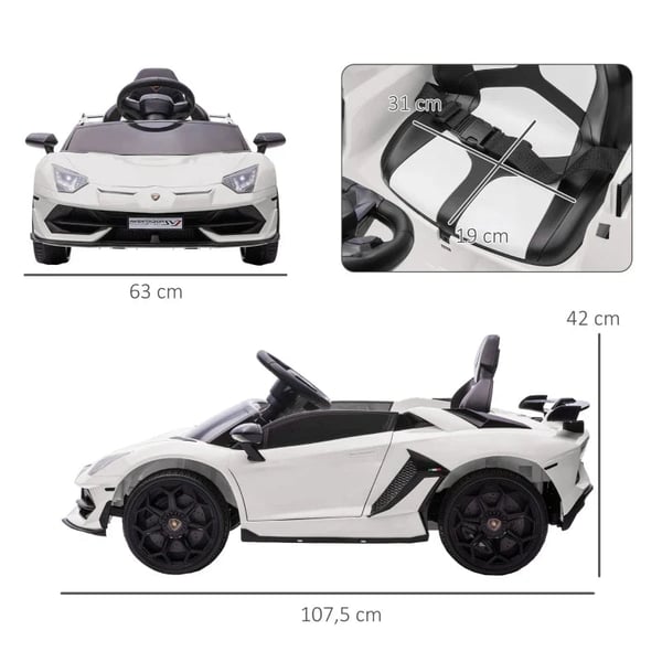 Rootz elektrisk børnebil - Børnebil - Licenseret Lamborghini Aventador - Mågevingedøre - Musik - Horn - i 3-5 år - Hvid - 107,5 cm x 63 cm x 42 cm