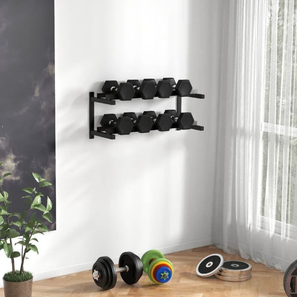 Rootz håndvægtstativ - Håndvægtstativ - 2 niveauer - Kettlebells - Sikker opbevaring - Yogamåtter - Kapacitet 70 Kg - Stålramme - Sort - 98x40x35 cm