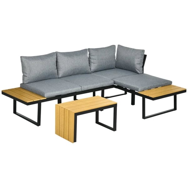 Rootz Havemøbelsæt til 3 personer - Balkonmøbler med sædehynder - Aluminiumsstel - Trælook - Mørkegrå + Naturlig - 150L x 78W x 72H cm