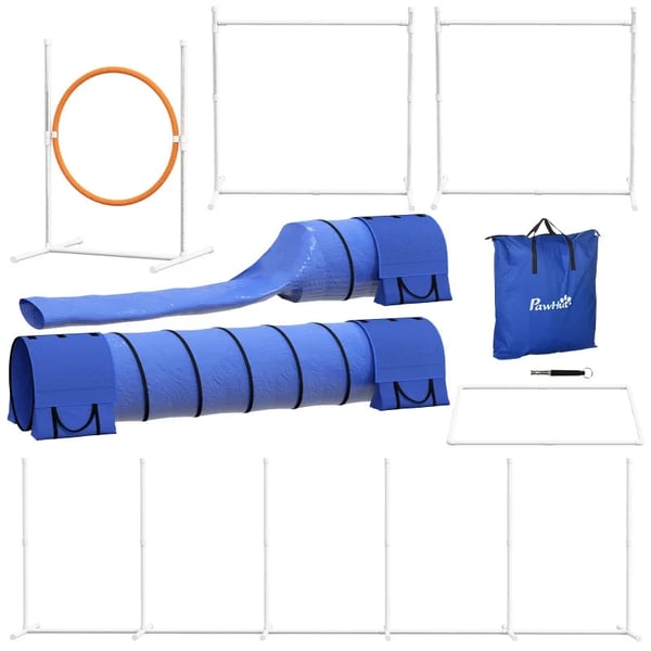Rootz Dog Agility-sæt - 1 bøjle - Hundebane - 2 tunneler - 2 hække - U-formet Ground Spike - Bæretaske - Plastik-ABS-oxford - Hvid-orange-blå - 321 cm