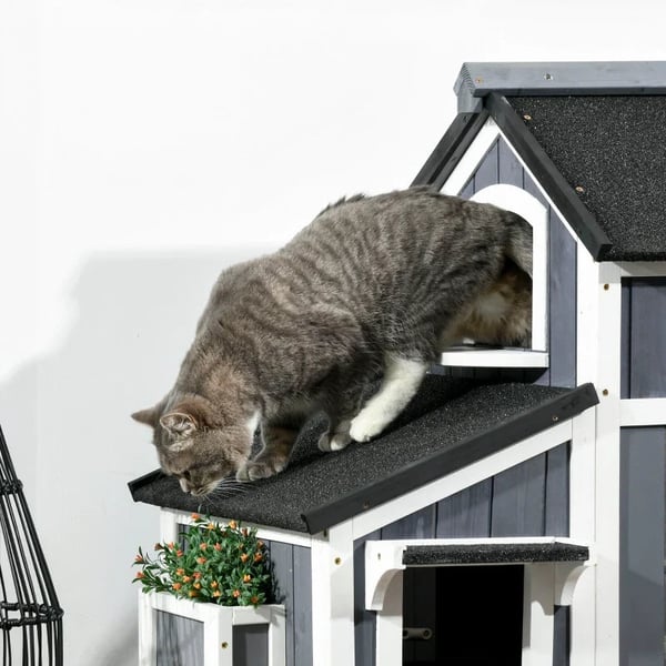 Rootz Outdoor Cat House - Kaksi tasoa - Useita sisäänkäyntiä - Vedenpitävä katto - Harmaa - 96 x 65 x 85,5 cm