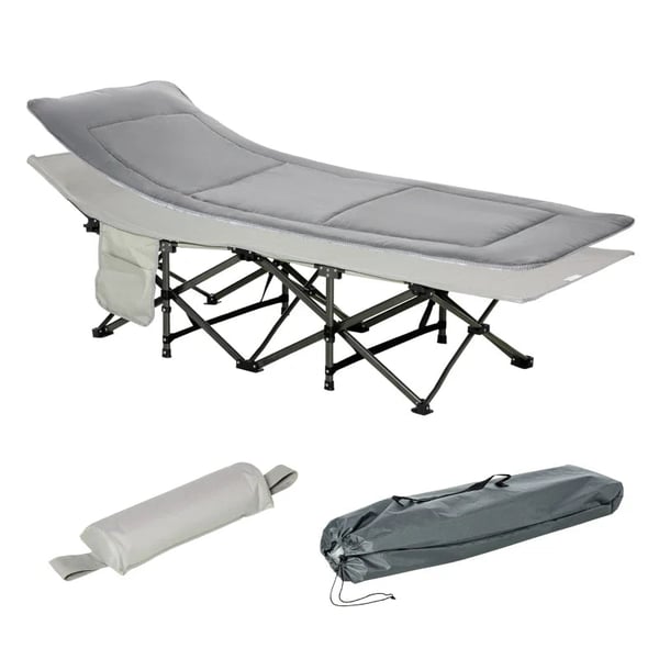Rootz Campingseng - Foldelejrseng - Foldeseng med pude - Sidelomme - Madras - Gæsteseng - Kan holde op til 150 Kg - Oxford - Lysegrå - 188 x 64,5 x 53