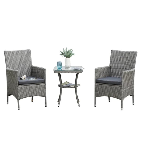 Rootz Rattan Havemøbelsæt Med Sidebord - Bistrosæt - Balkonmøbler - Siddesæt Med sædehynde - Polyrattan + Stål - Grå - 60 x 58,5 x 89,5 cm