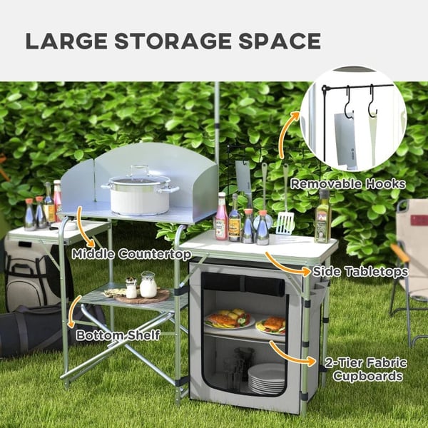 Rootz Camping Køkken - Udekøkken - Uv Beskyttelse - Bordplade - 3-sidet - Bæretaske - Aluminium - 600d Oxford stof - Sølv - 144L x 48W x 119H cm
