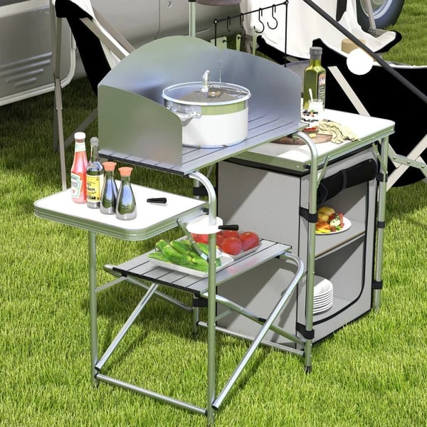 Rootz Camping Køkken - Udekøkken - Uv Beskyttelse - Bordplade - 3-sidet - Bæretaske - Aluminium - 600d Oxford stof - Sølv - 144L x 48W x 119H cm