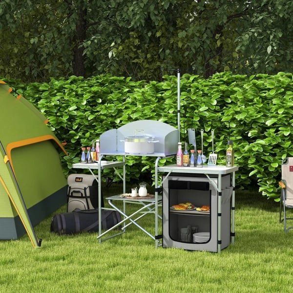 Rootz Camping Køkken - Udekøkken - Uv Beskyttelse - Bordplade - 3-sidet - Bæretaske - Aluminium - 600d Oxford stof - Sølv - 144L x 48W x 119H cm