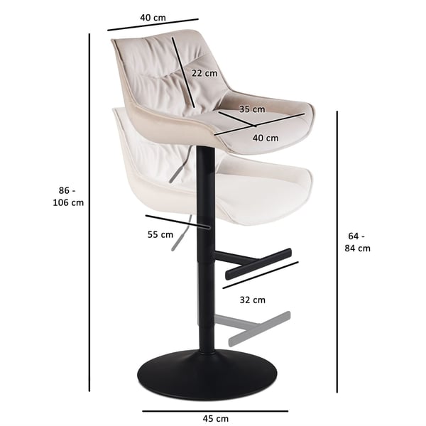Rootz Modern Design Barstol - Fløjlssæde - Drejestol - Metalbund - Beige - 45cm x 86-106cm x 55cm