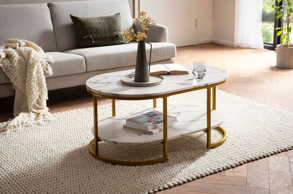 Rootz Modern Design rektangulært sofabord - Sofabord - Marmorlook - Hvid og guld - Opbevaringsområde - Elegant Flair - Robust metalstel - 100 cm x 60