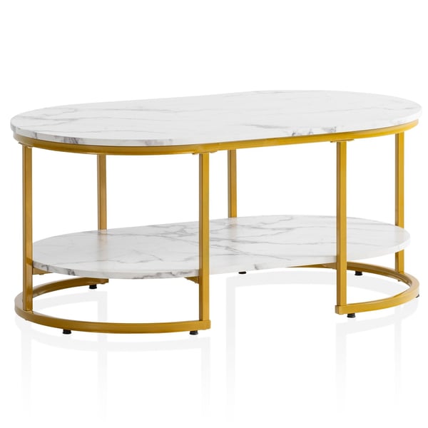 Rootz Modern Design rektangulært sofabord - Sofabord - Marmorlook - Hvid og guld - Opbevaringsområde - Elegant Flair - Robust metalstel - 100 cm x 60