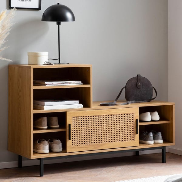 Rootz moderne design garderobebænk - Sæde med gråt stofbetræk - Opbevaring af skydedøre - Eget finish - Justerbare hylder - 120 cm x 75,5 cm x 40 cm