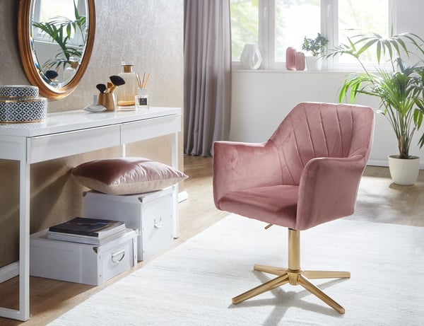 Rootz drejestol - Skrivebordsstol - Fløjlsbetræk - Polstret armlæn - 360° rotation - Guldbundsramme - 80-97 cm x 55 cm x 55 cm - Pink - 120 kg Kapacit