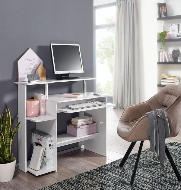 Rootz moderne computerbord med pc-hylde - Hjemmekontor - Tidløst design - Tastaturudtræk - Hvid - 94 cm x 90,5 cm x 48,5 cm - Generøs bordplade - Inte