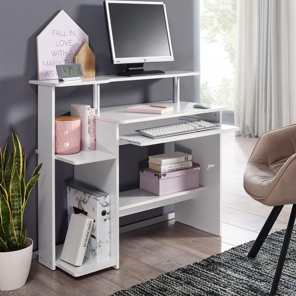 Rootz moderne computerbord med pc-hylde - Hjemmekontor - Tidløst design - Tastaturudtræk - Hvid - 94 cm x 90,5 cm x 48,5 cm - Generøs bordplade - Inte