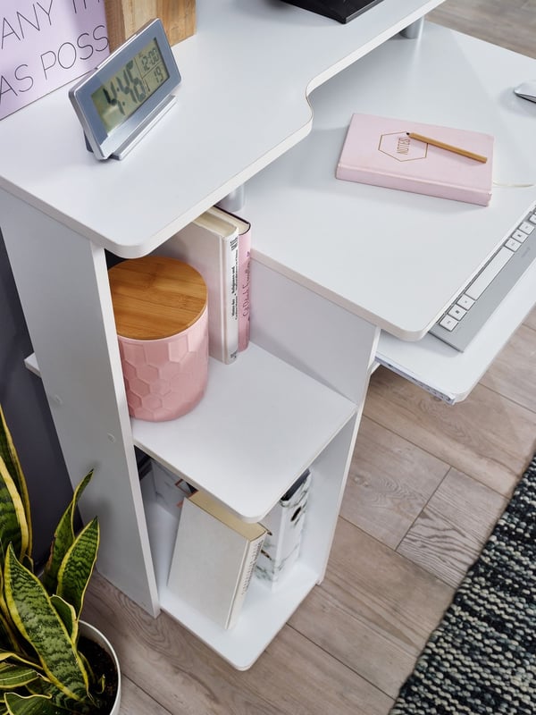 Rootz moderne computerbord med pc-hylde - Hjemmekontor - Tidløst design - Tastaturudtræk - Hvid - 94 cm x 90,5 cm x 48,5 cm - Generøs bordplade - Inte