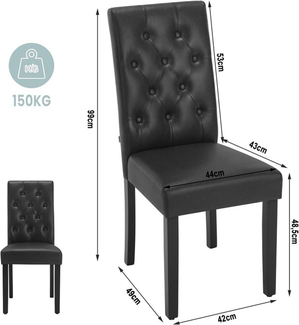 Rootz Spisestuestole - Højryggede stole - Imiteret læderstole - Ergonomisk design, nem vedligeholdelse, robust bygning - 44cm x 99cm x 59cm