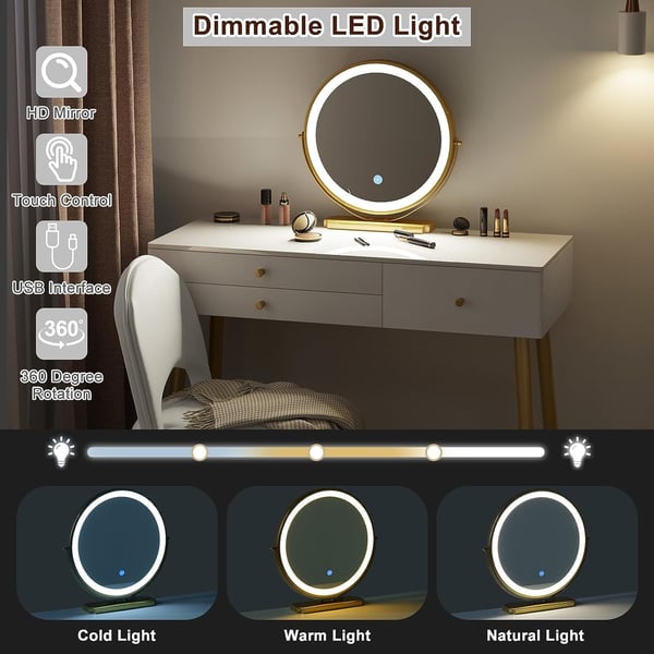 Rootz justerbart sminkebordssæt - Sminkebord med skammel - Makeup skrivebord med LED-spejl - Ergonomisk komfort - Rigelig opbevaring - Robust design -