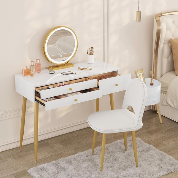 Rootz justerbart sminkebordssæt - Sminkebord med skammel - Makeup skrivebord med LED-spejl - Ergonomisk komfort - Rigelig opbevaring - Robust design -