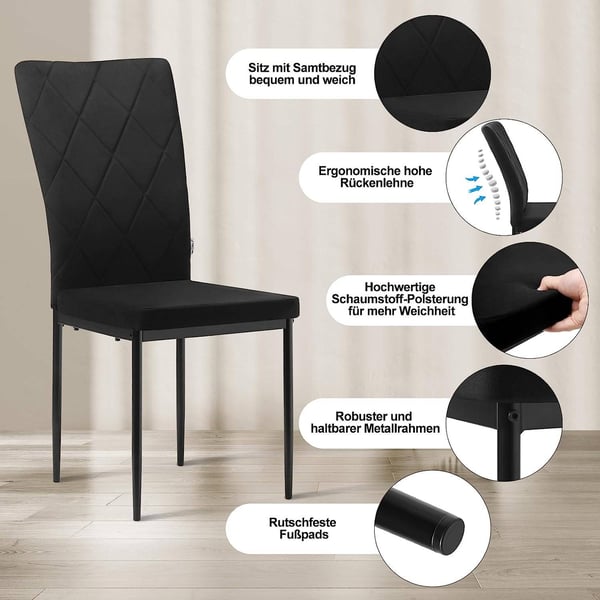 Rootz Spisestuestole Sæt med 4 - Fløjlsstole - Høj ryg, Metalben - Komfortable, Ergonomiske, Holdbare - 42 cm x 94,5 cm x 59 cm - Sort