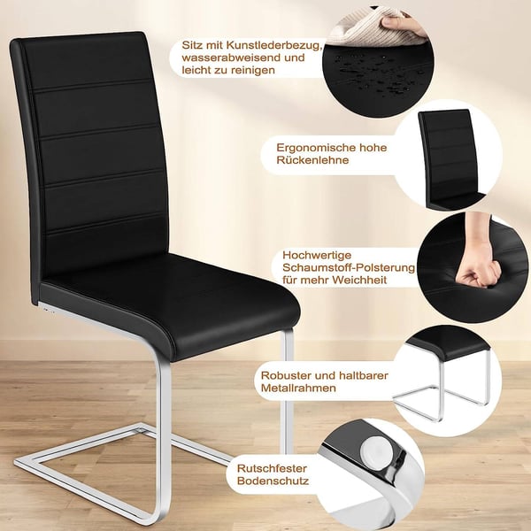 Rootz Spisestuestole Sæt med 4 - Gyngestol - Høje ryglæn - Sort imiteret læder - Stabil, Ergonomisk, Gulvvenlig - 41 cm x 100 cm x 55,5 cm