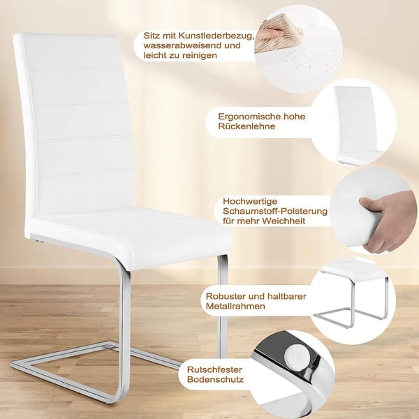Rootz Spisestuestole Sæt med 4 - Gyngestol - Højt ryglæn - Hvidt imiteret læder - Ergonomisk og stabilt - Gulvbeskyttelse - 41cm x 100cm x 55,5cm