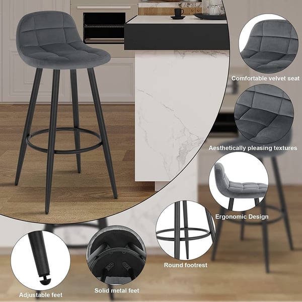 Rootz fløjlsdækket barstol - Bordskammel - Køkkentaburet - Plyskomfort - Robust metalstel - Nem montering - 84 cm x 39 cm x 31 cm