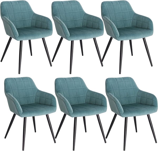 Rootz sæt med 6 spisestuestole - Fløjlslænestole - Turkis metalben - Komfortable, Ergonomiske, Stabile - 49cm x 43cm x 81cm