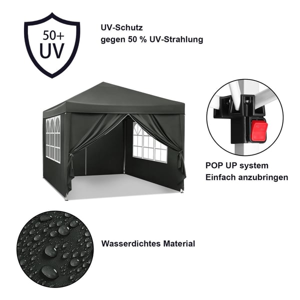 Rootz Gazebo Pop-Up telt - Vandtæt Pagoda - Solafskærmning - UV-beskyttelse, Regnbestandig, Nem opsætning - Metal og 210D Oxford-stof - 3 x 3 m Grå