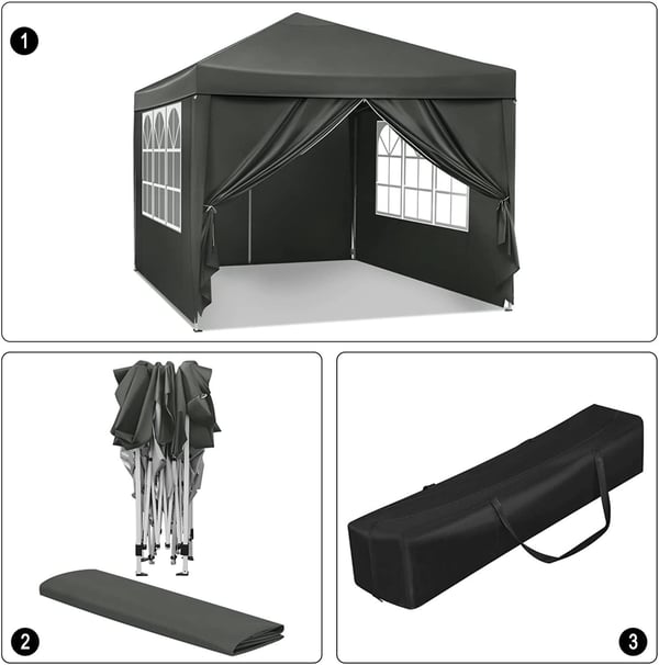 Rootz Gazebo Pop-Up telt - Vandtæt Pagoda - Solafskærmning - UV-beskyttelse, Regnbestandig, Nem opsætning - Metal og 210D Oxford-stof - 3 x 3 m Grå