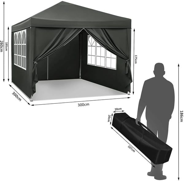 Rootz Gazebo Pop-Up telt - Vandtæt Pagoda - Solafskærmning - UV-beskyttelse, Regnbestandig, Nem opsætning - Metal og 210D Oxford-stof - 3 x 3 m Grå