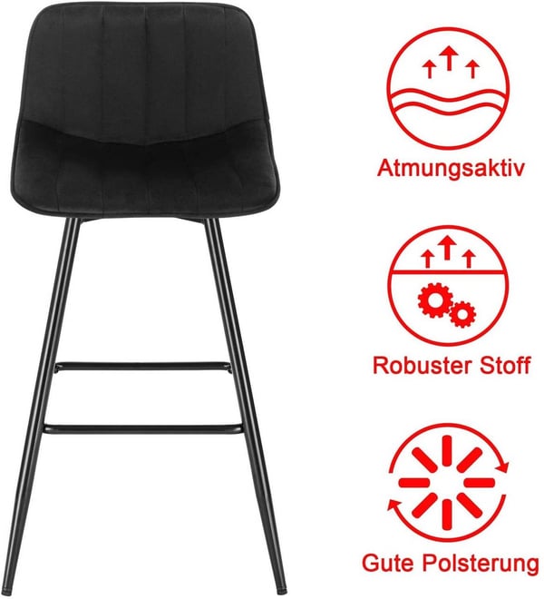 Rootz Barstol Sæt med 2 - Bordskamler - Køkkenbarstole - Velvet Comfort - Robust metalstel - Gulvbeskyttelse - 43cm x 35,5cm x 88cm