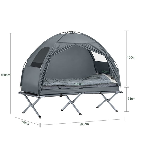 Rootz All-in-One campingsæt - Pop-up telt - Transportabel lejrseng - Udendørs sovesystem - Slidstærkt Oxford Nylon - Myggebeskyttelse - Nem transport