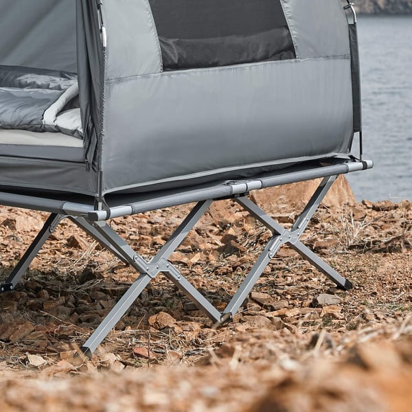 Rootz 4-i-1 campingteltpakke til 2 personer - Pop-up telt - lejrseng med liggestol - slidstærkt oxfordnylon - vandtæt polyester - nem transport - 193