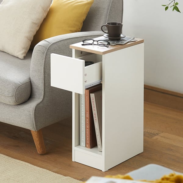 Rootz sengebord sæt med 2 - Sofabord - Sidebord - Hvid - Med skuffe - Forbedret stabilitet med trædepuder - Ideel til soveværelse og stue - 20 cm x 60
