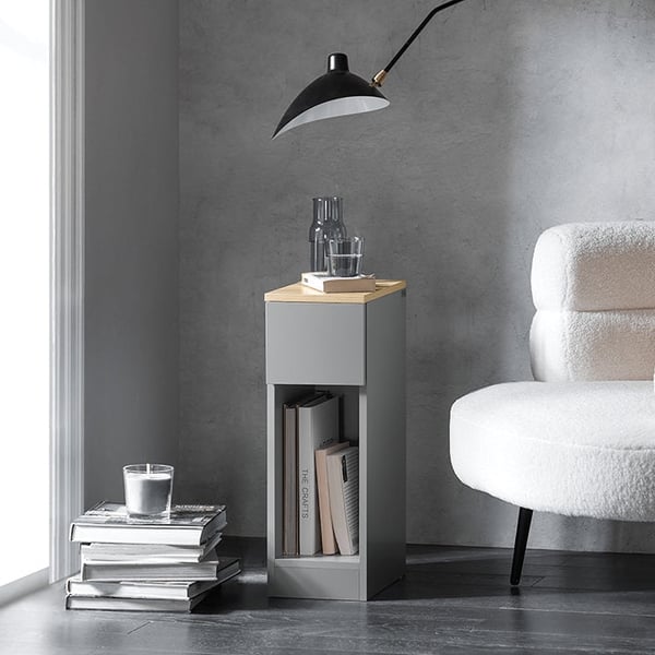 Rootz Modern Sengebord Sæt med 2 - Sofabord - Sidebord - Lysegrå - med skuffe og åbent rum - Stabil med skridsikre puder - 20 cm x 60 cm x 35 cm