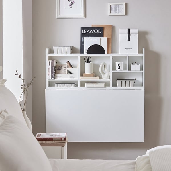 Rootz vægmonteret klapbord - Spisebord - Skab med hylder - Justerbar opbevaring - Pladsbesparende design - Nem montering - Hvid - 90cm x 78cm x 60cm
