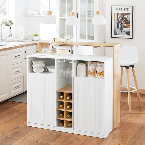 Rootz Kitchen Island - Barbord - Skænk - Udvidbart design - Vinopbevaring - Glasholdere - Gummitræ Top - 105cm x 105cm x 60cm