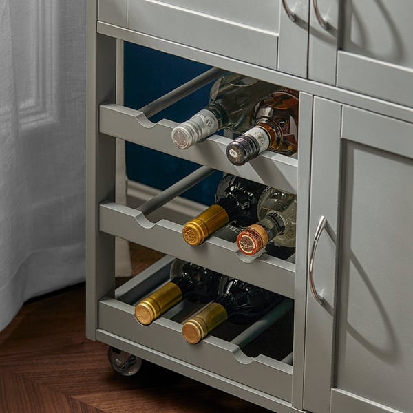 Rootz køkkenvogn serveringsvogn - Køkkenskab - Mobil opbevaringsenhed - MDF og rustfrit stål - Med flaskehylder, skuffe og låsbare hjul - 67 cm x 87 c