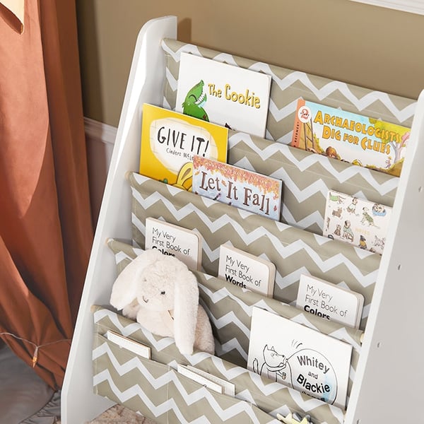 Rootz børnebogreol - Magasinstativ - Opbevaringsorganisering - Holdbare polyesterrum - Alsidigt design - Ideel til småbørn - 63 cm x 76 cm x 28 cm
