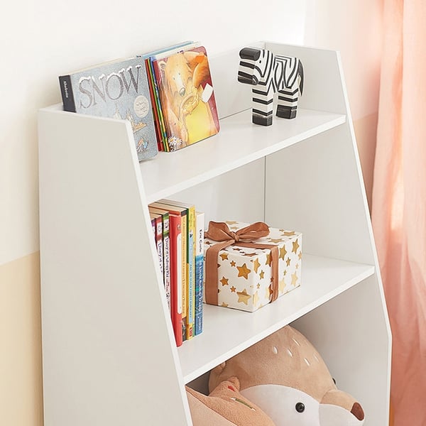 Rootz børnebogreol - Opbevaringsstativ til legetøj - Organizer til børn - Hvid MDF og fyrretræ - Sikkerhedssikring - Robust konstruktion - 60 cm x 80