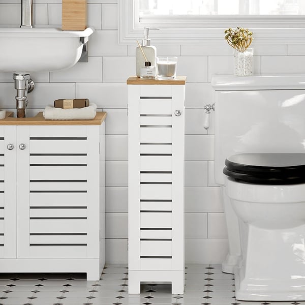 Rootz smalt toiletpapirskab - Badeværelsesopbevaring - Pladsbesparende - MDF-konstruktion - Skimmelmodstandsdygtig - Luftgennemtrængelige lameller - 2