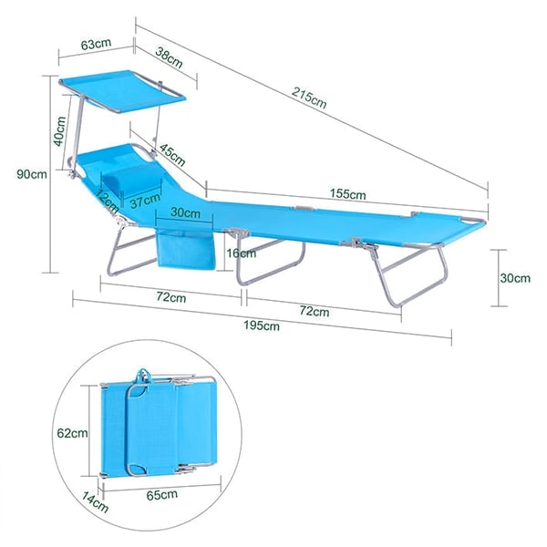 Rootz justerbar solseng med baldakin - Haveseng - Strandstol - Holdbart metalstel - Syntetisk fiberstof - Sammenfoldelig og bærbar - 195 cm x 90 cm x