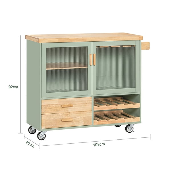 Rootz Keittiövaunu FKW114-GR - Keittiösaari - Senkki - Viinilasiteline - Pullohylly - Kestävä MDF & Bambu - 109cm x 92cm x 40cm